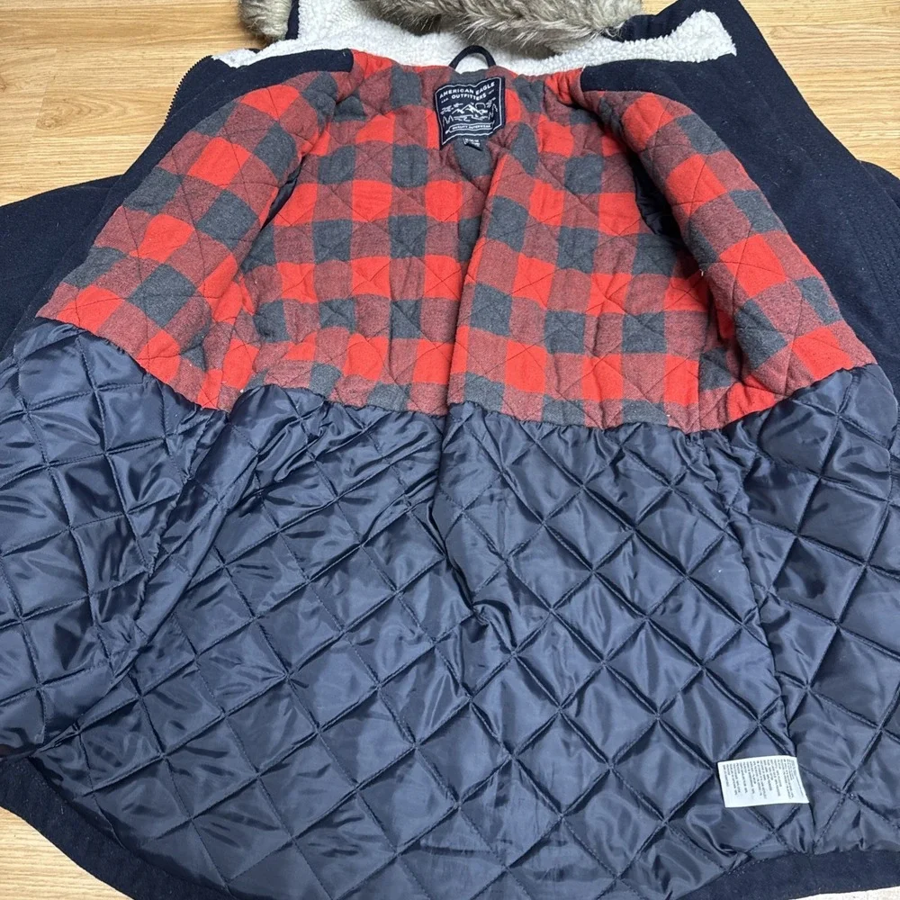 American Eagle Outfitters Womens Med Wool BL Coat Hood Navy‎ Buffalo Plaid